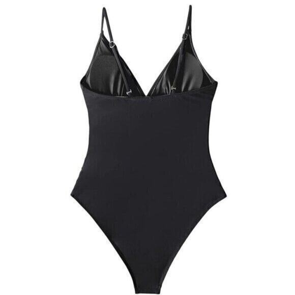 Cupshe Women’s One Piece Swimsuit Small Black V-Neck Ruched High Cut Adjustable - Picture 5 of 8